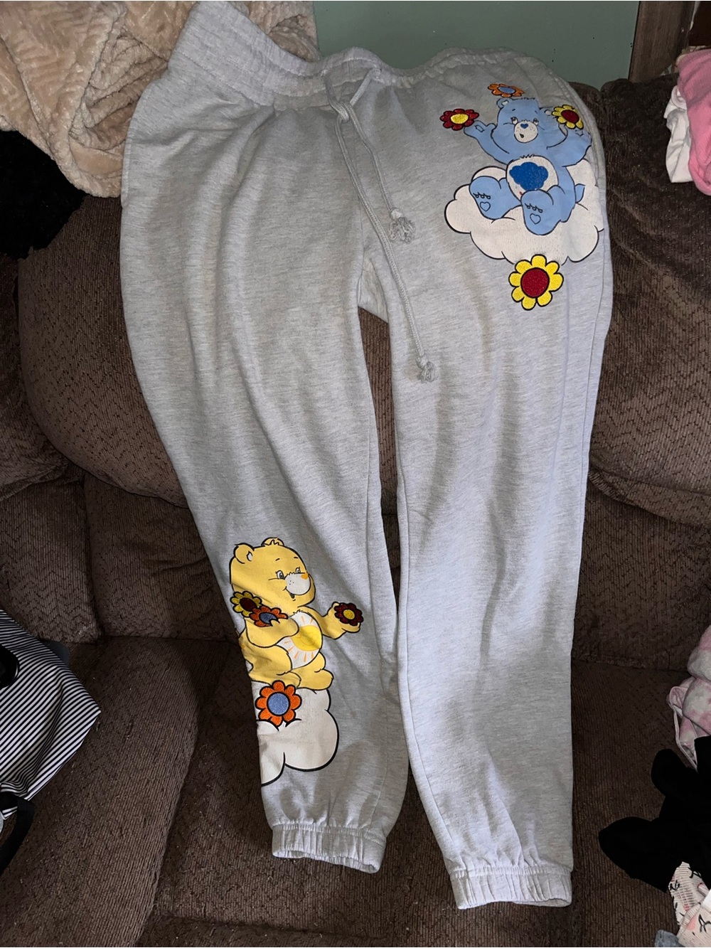 Care Bears Light Gray Sweatpants with Blue and Yellow Graphics